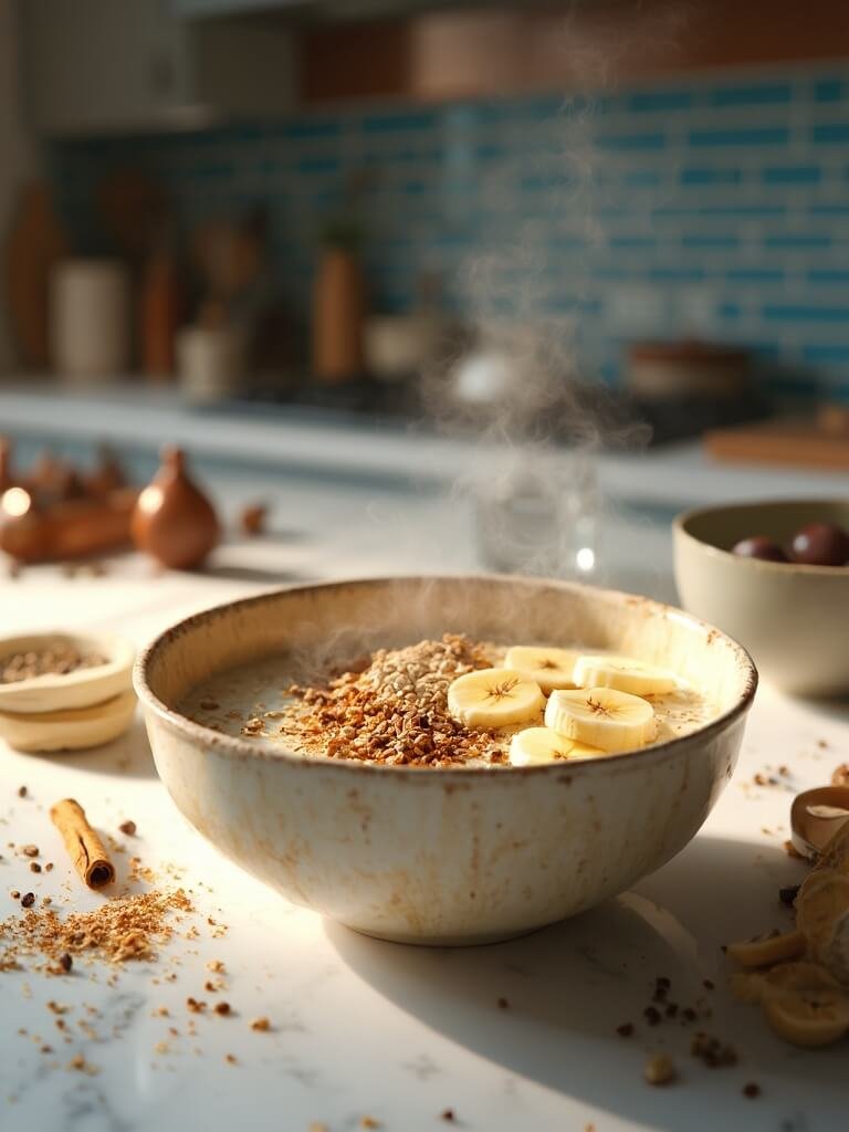 "Steaming bowl of whole grain porridge with sliced bananas, chopped walnuts, cinnamon, and maple syrup on a marble countertop in a modern kitchen"