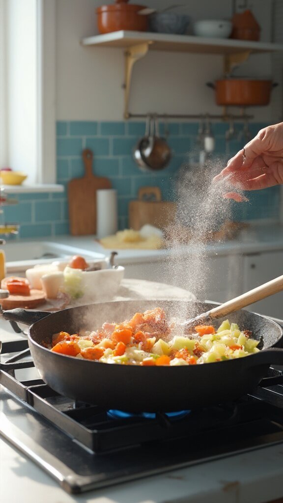 Cooking vegetables and bacon in Dutch oven on modern kitchen countertop, shot from above with natural daylight