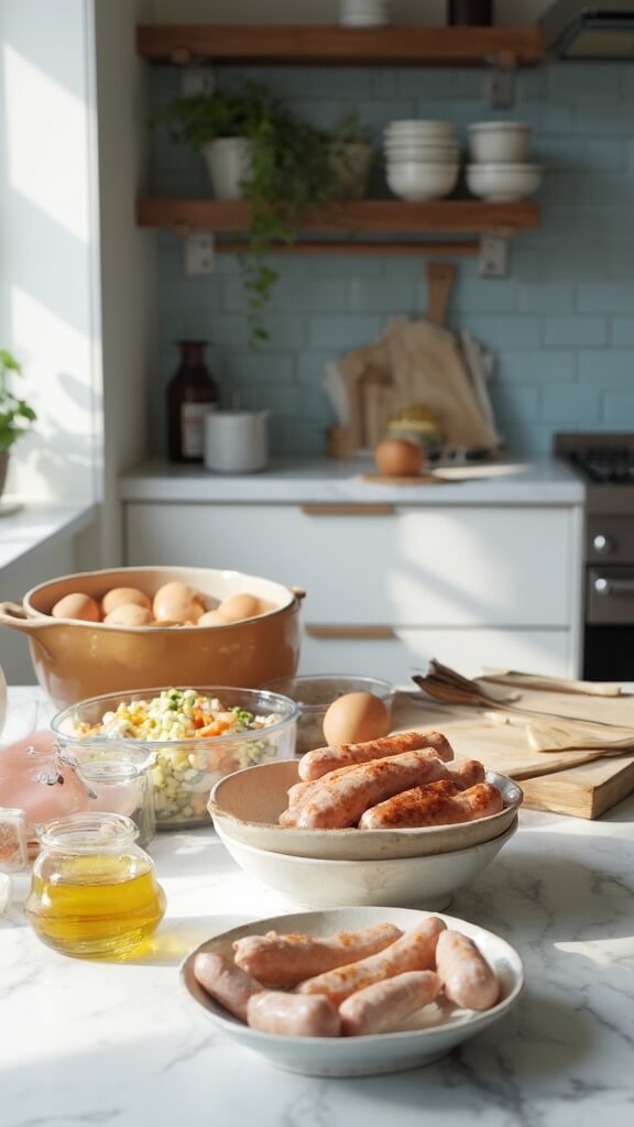 Ingredients for preparation on a modern kitchen countertop, featuring eggs, sausages, mixed vegetables, and spices, along with a muffin tin under natural daylight