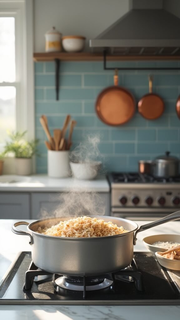 Brown rice beginning to simmer in a stainless steel saucepan on a modern kitchen stovetop with cream-colored prep bowls in the background