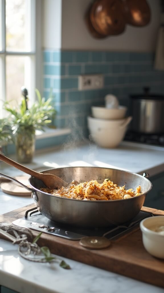 Caramelized onions sizzling in a stainless steel pan in a modern kitchen with blue subway tiles, wooden utensils, and cream-colored ceramic bowls, shot from a 45-degree angle with natural daylight.