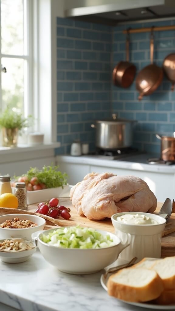 Ingredients for chicken salad preparation on a modern kitchen counter with natural daylight