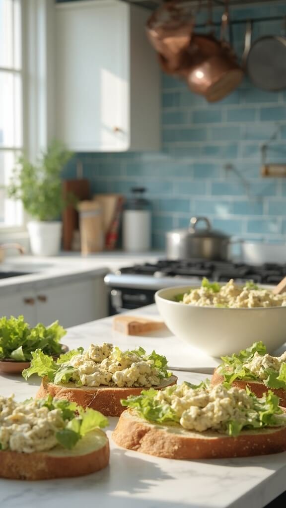 Chicken salad sandwich assembly in a modern kitchen with wooden utensils, fresh ingredients, and cream-colored bowls, under natural daylight