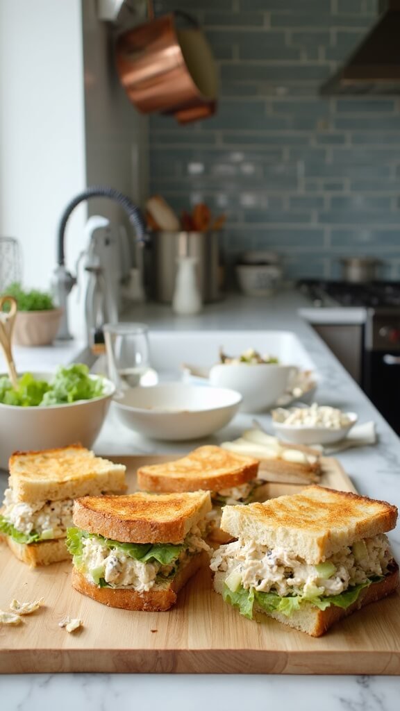 Chicken salad sandwiches on a wooden serving board in a modern kitchen with warm, earthy tones