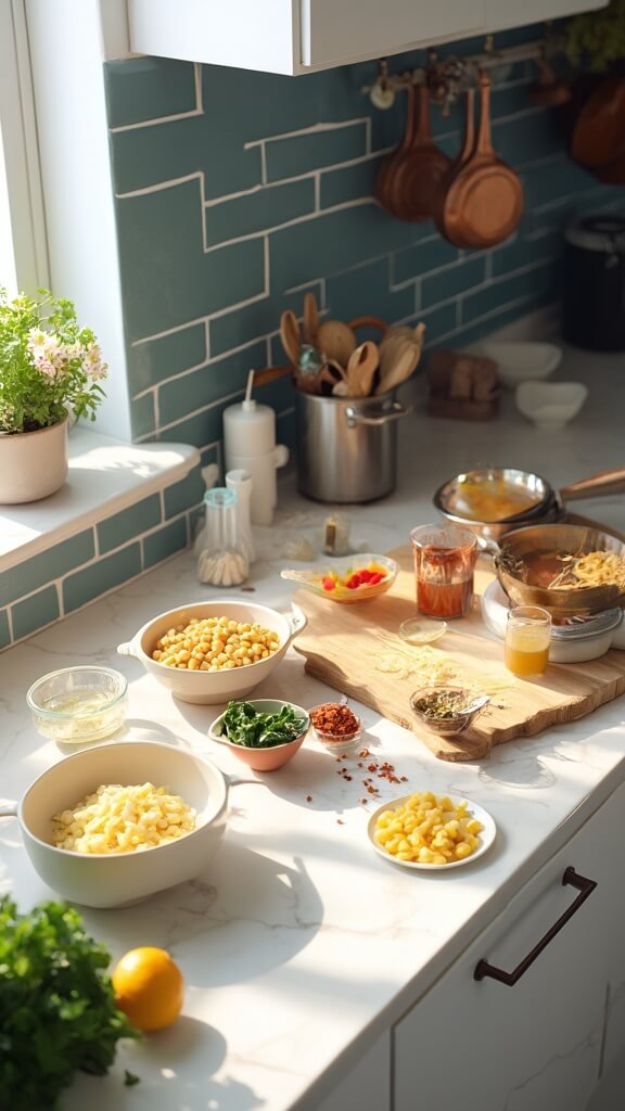Ingredients for chickpea spinach stew laid out in modern kitchen with sunlight streaming in