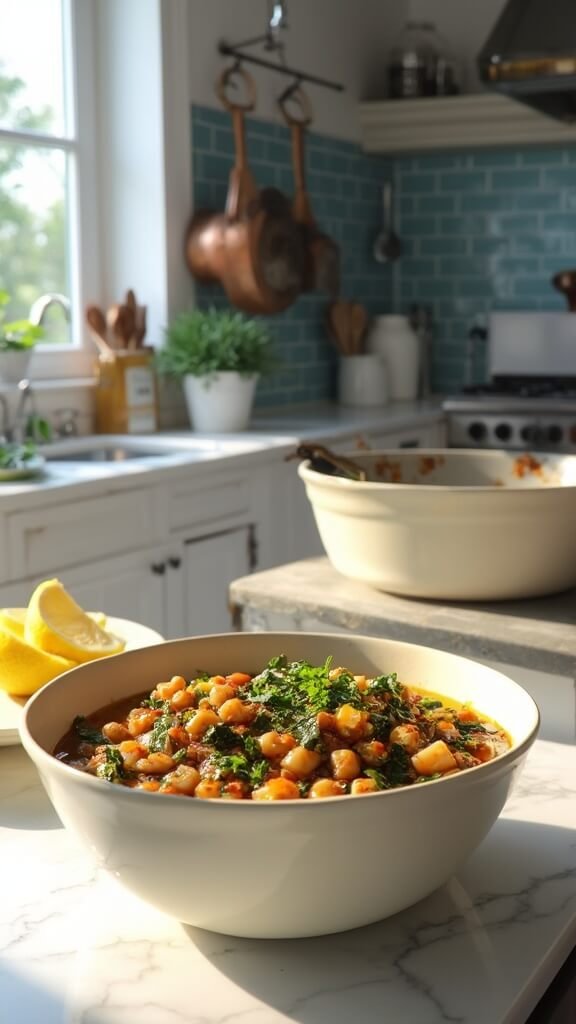 Chickpea spinach stew served in cream-colored bowls with wooden spoons on a modern kitchen counter with blue subway tiles in the background