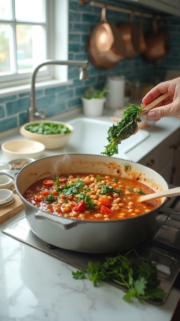 Simmering chickpea, tomato, and spinach stew in a Dutch oven on a modern kitchen countertop, illuminated by natural daylight.