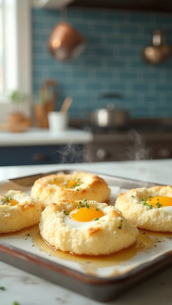 Golden cloud eggs garnished with fresh chives in a modern kitchen with white marble countertops and blue subway tile backsplash