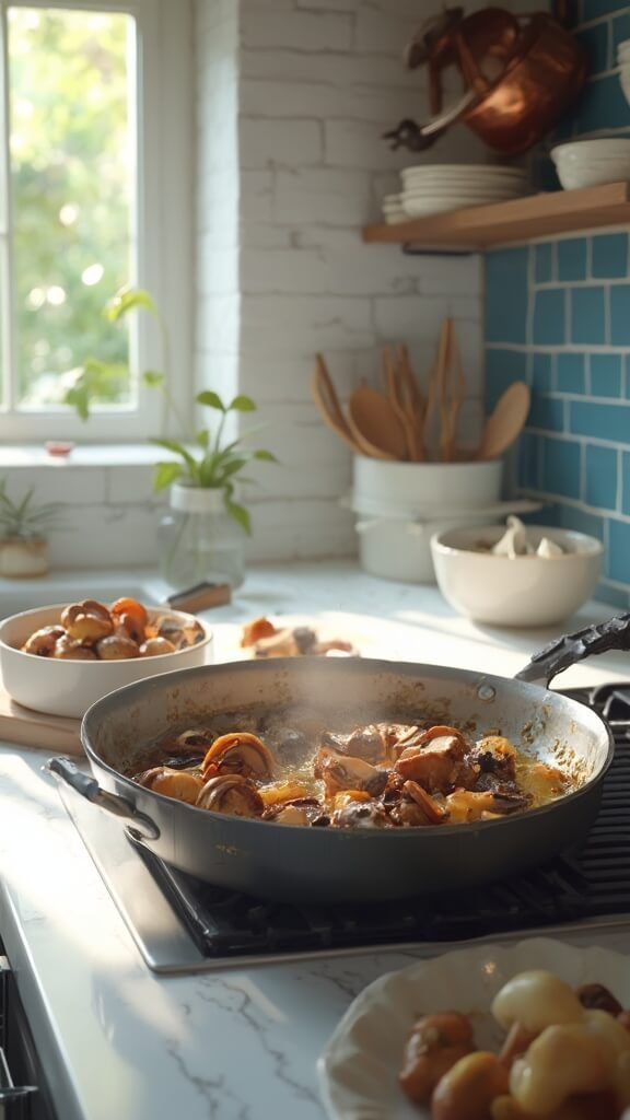 Golden brown sautéed mushrooms in Dutch oven on a modern kitchen stovetop, with raw mushrooms in a bowl nearby, shot from above