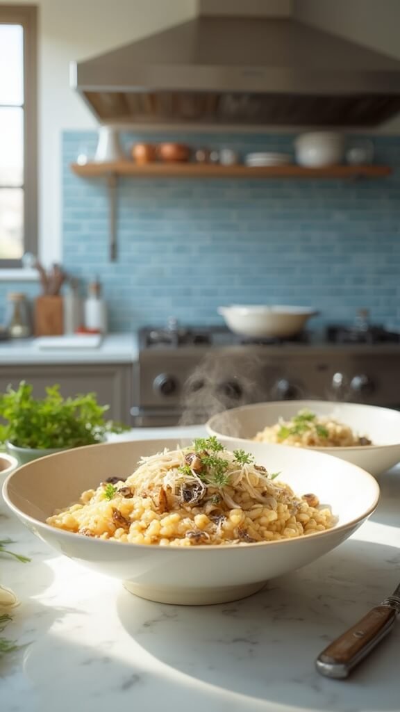 Final plated dish of creamy mushroom risotto in elegant cream ceramic bowls, garnished with fresh parsley and Parmesan in a modern kitchen under soft natural daylight