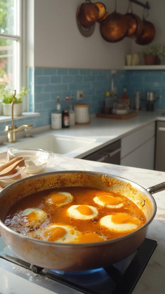 Hard-boiled eggs simmering in rich curry gravy in a modern kitchen