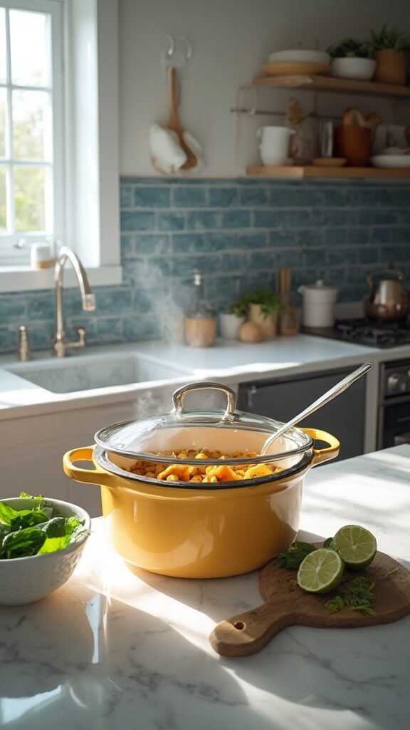 Simmering coconut curry with sweet potato and chickpeas in a Dutch oven, with fresh spinach and halved lime on the side in a modern kitchen