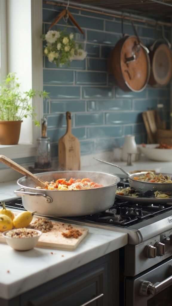 Diced onions and bell peppers sautéing in Dutch oven on stovetop in modern kitchen, minced garlic in prep bowl ready to be added, under natural daylight