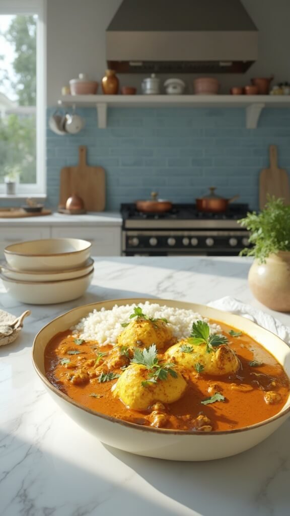 Finished egg curry in a cream ceramic bowl, garnished with fresh cilantro, accompanied by steamed basmati rice in a modern kitchen setting