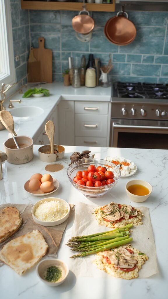 Ingredients for egg pizza preparation in a modern kitchen with white marble countertops and stainless steel appliances, lit by natural daylight