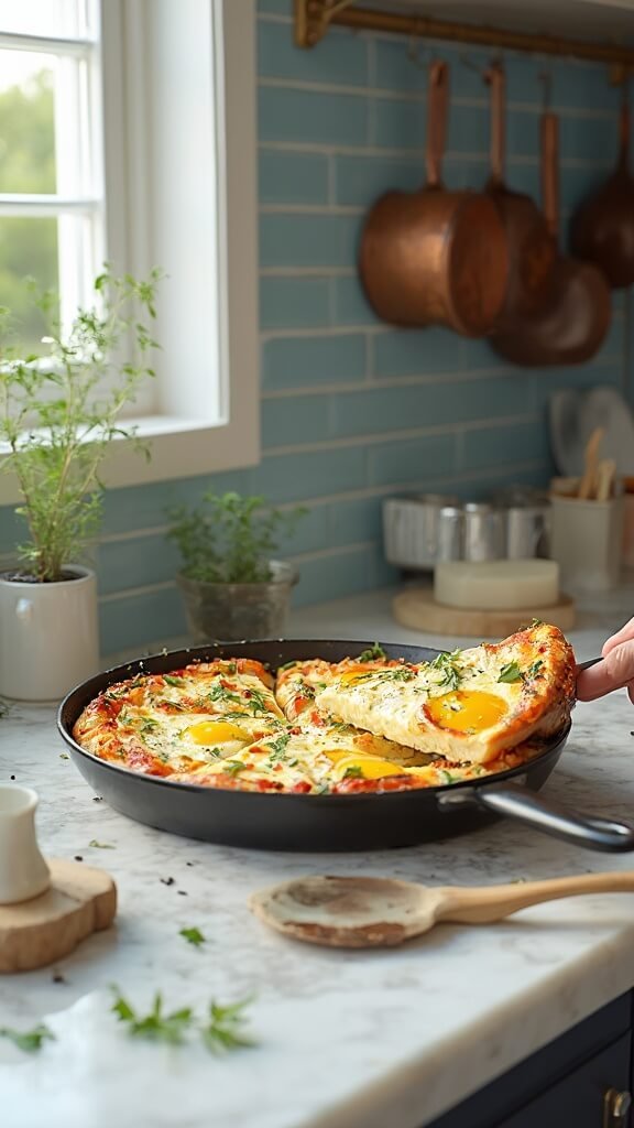 Golden egg pizza with vibrant vegetables and melted cheese in a modern kitchen, natural daylight highlighting the creamy egg texture and wooden utensils.