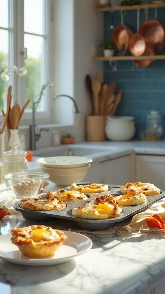 Golden-brown egg muffins cooling in tin and served on white ceramic plate in a modern kitchen with blue subway tile backsplash and warm, earthy tones