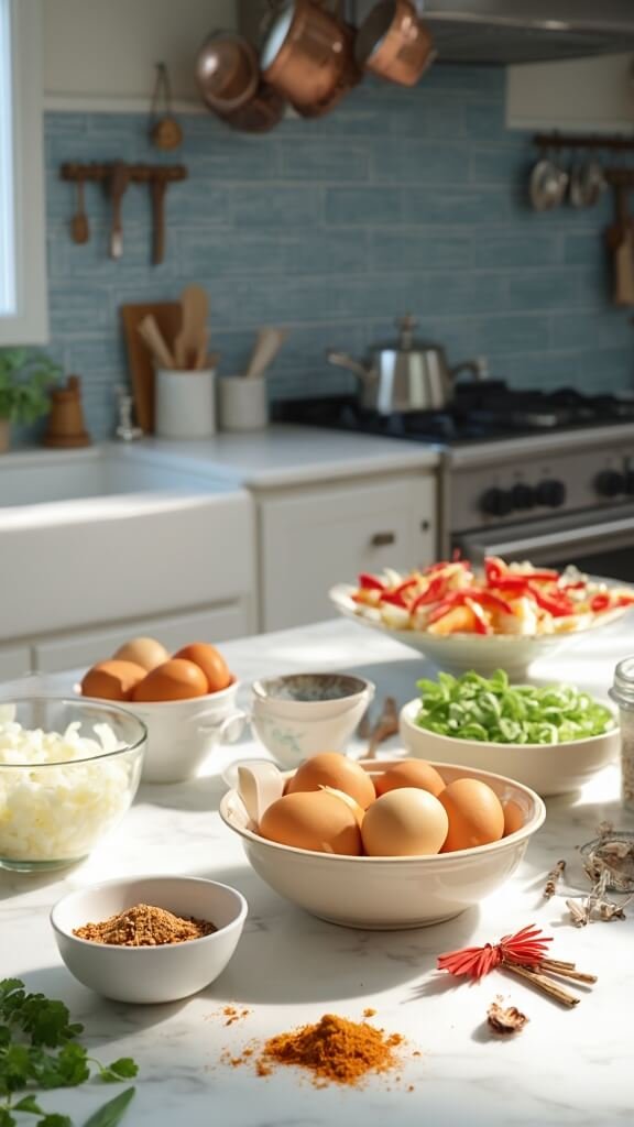 Professional kitchen setup with modern cookware, wooden utensils, and organized ingredients including hard-boiled eggs, chopped onions, diced tomatoes, vibrant spices, and fresh herbs on a white marble countertop