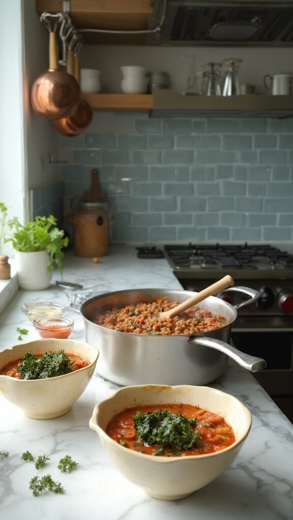 Thick hearty stew with kale leaves in a pot, served in cream-colored bowls, on a modern kitchen counter with wooden utensils, fresh herbs, and warm lighting.