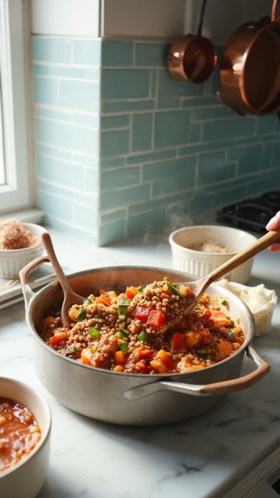Vegetables being stirred into thick, hearty lentil stew in modern kitchen with warm, earthy color grading