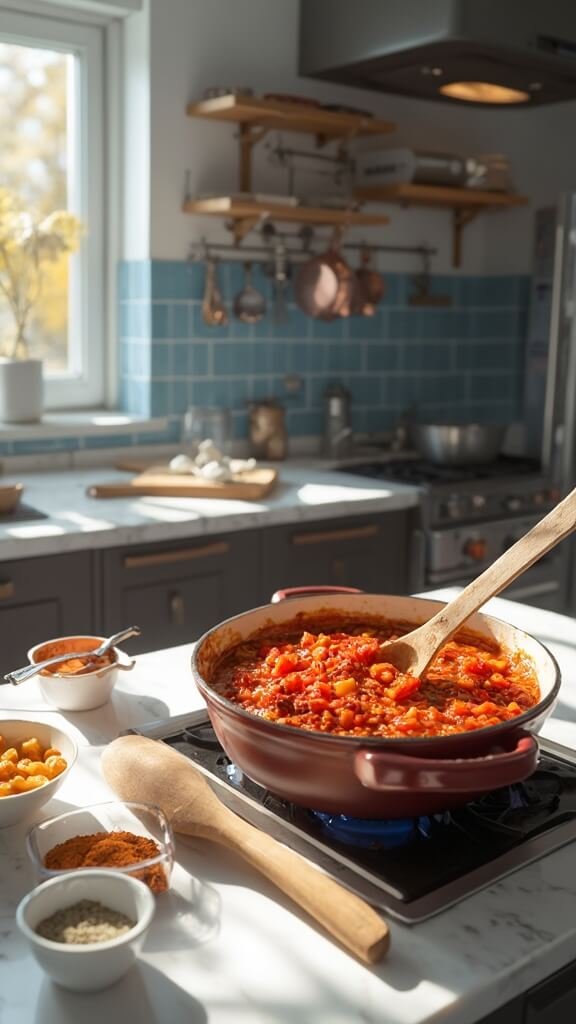 Red lentils with diced tomatoes simmering in a Dutch oven on a modern kitchen countertop, spices being added, illuminated by natural daylight.