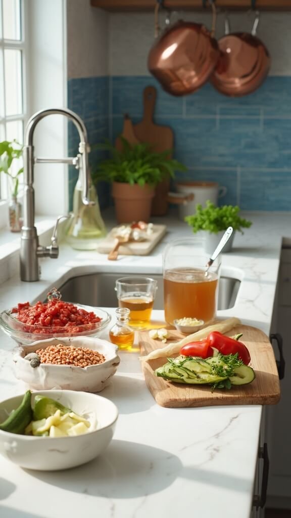 Ingredients for Mediterranean lentil stew prepped in a modern kitchen with daylight streaming in