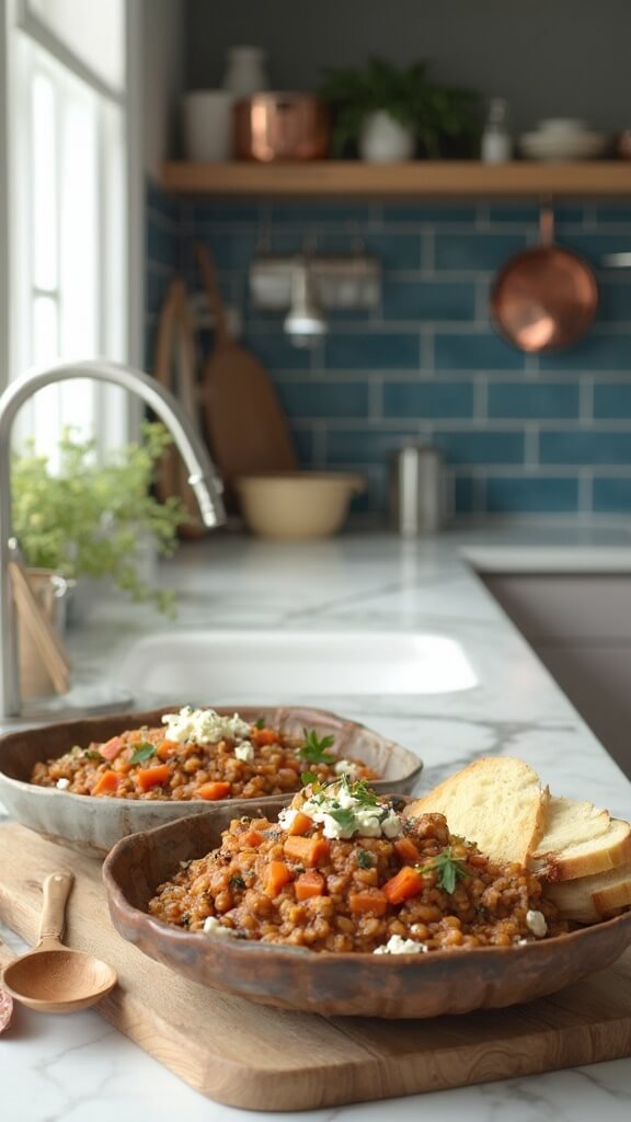 Mediterranean lentil stew in rustic ceramic bowls with feta cheese and parsley topping, served in a modern kitchen with wooden utensils and cream-colored prep bowls
