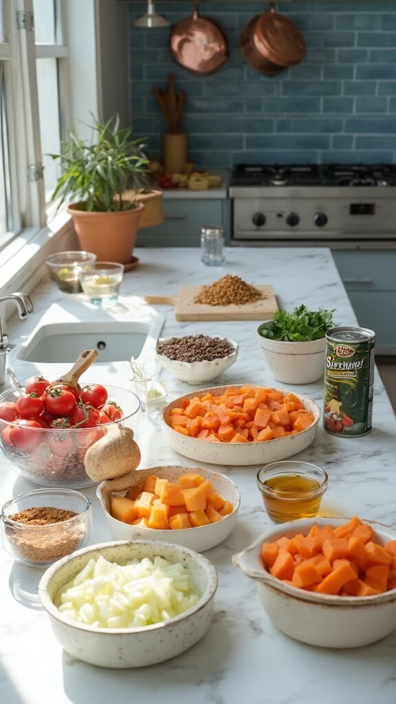 Modern kitchen setup with various ingredients organized in mise en place style for cooking, using modern cookware and ceramic bowls, under natural daylight.