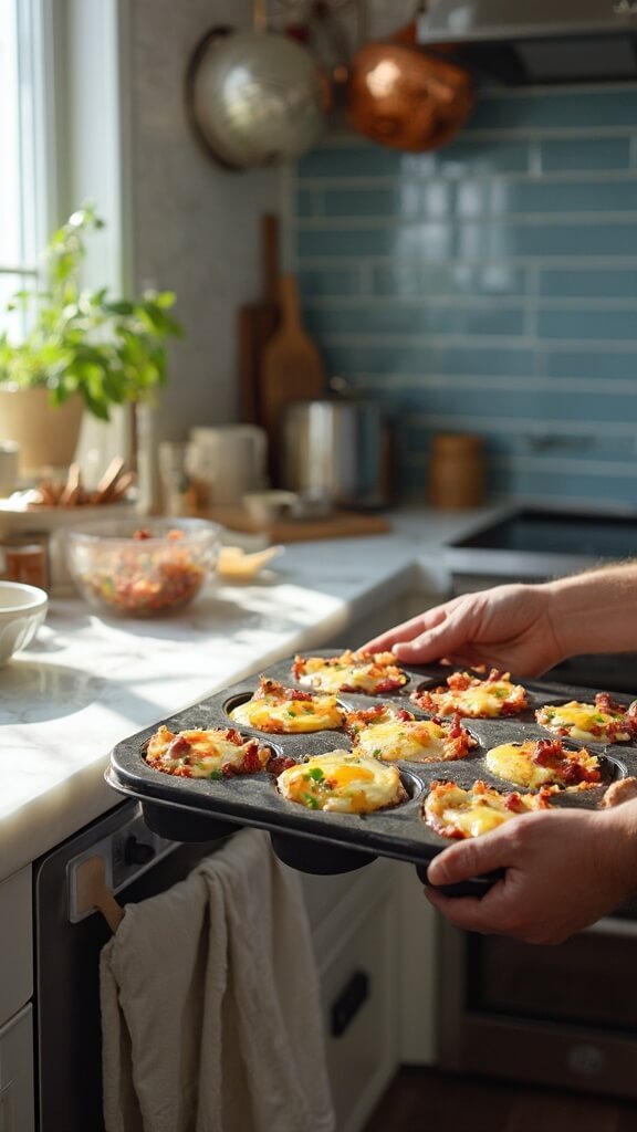 Raw egg mixture in muffin tin over sausage and vegetables being placed into an oven in a modern kitchen with white marble countertops, stainless steel appliances, and blue subway tile backsplash