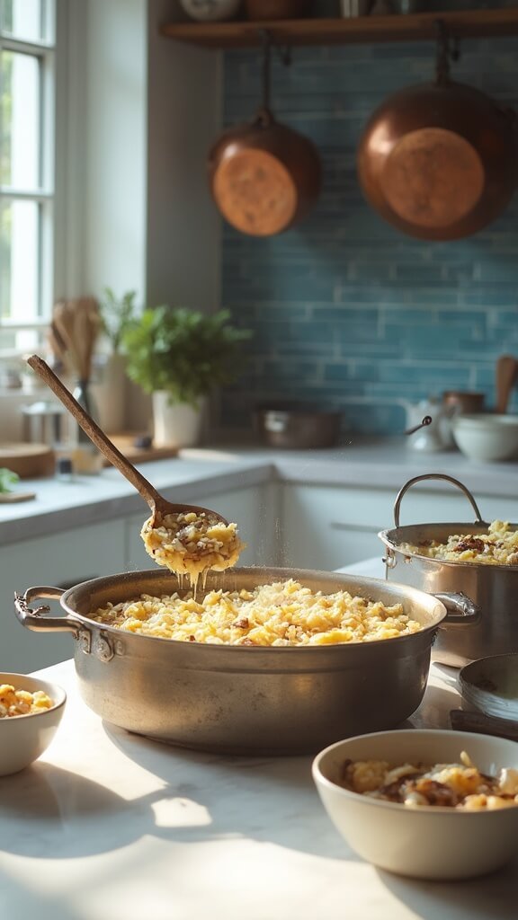 Adding warm stock into partially cooked risotto with creamy mushrooms in a modern kitchen setting