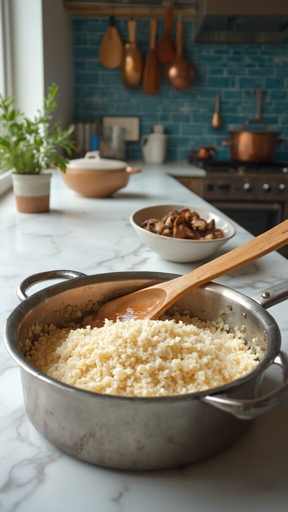 Sauteing diced onions, garlic, and toasting Arborio rice in a Dutch oven, in a modern kitchen with blue subway tile backsplash and copper pots, under soft natural light