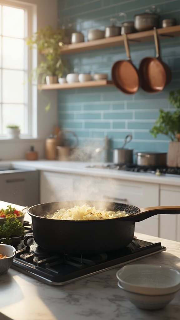 Sauteed diced onions in a Dutch oven on a modern kitchen stovetop, with minced garlic in prep bowl nearby