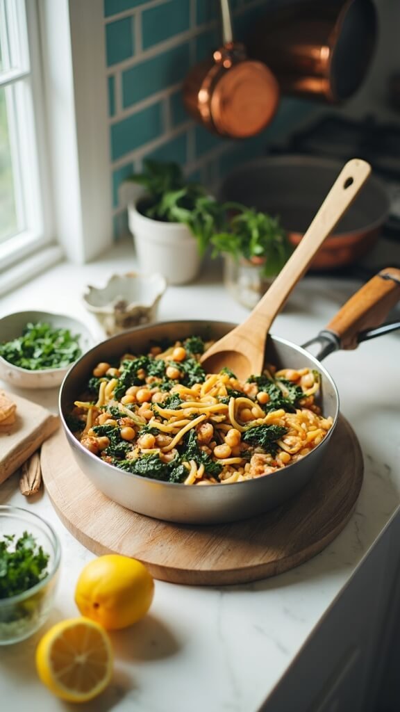 Thickening stew with added vermicelli pasta and chickpeas in a modern kitchen