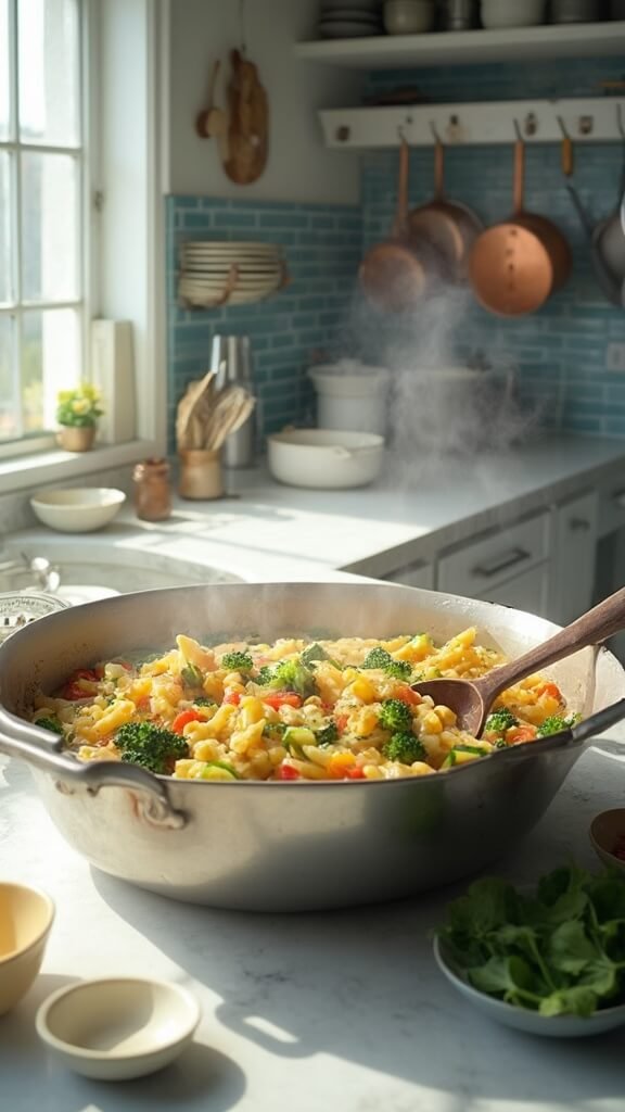 Pasta simmering in Dutch oven with colorful vegetables in a well-lit, modern kitchen