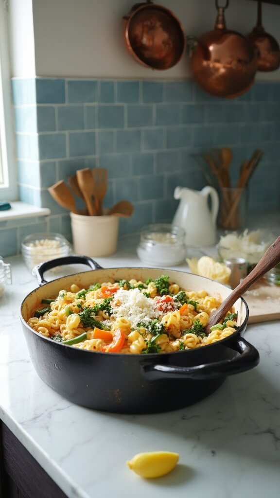 Finished one-pot pasta primavera in a Dutch oven on a white marble countertop in a modern kitchen, garnished with parmesan cheese and served with a lemon wedge.