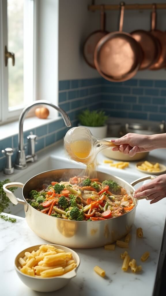 Making pasta primavera, sautéed onions, garlic, carrots, broccoli stems, and bell peppers in a Dutch oven and pouring vegetable broth, with uncooked penne pasta ready to be added