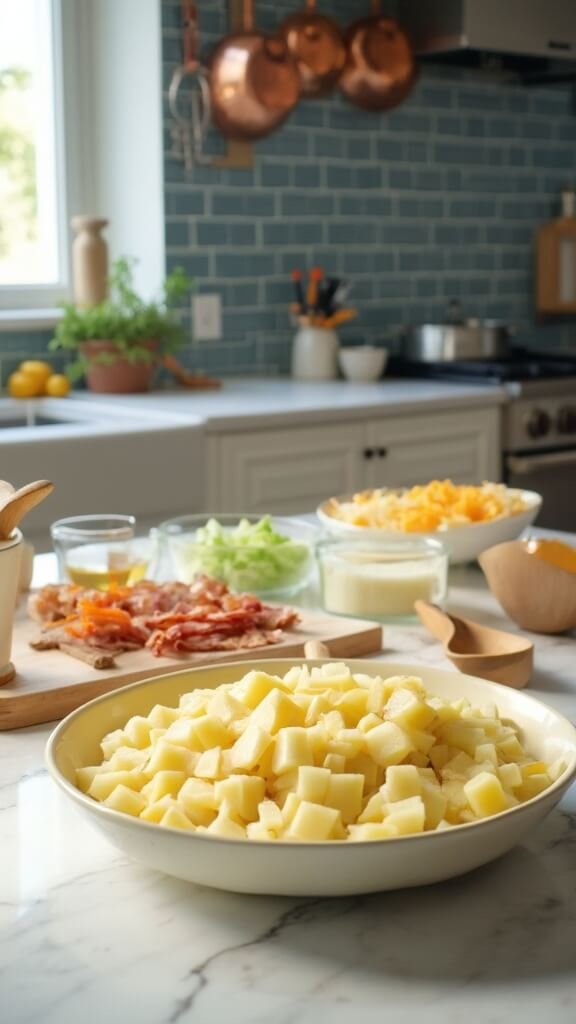 Ingredients for potato soup including diced potatoes, onions, celery, carrots, raw bacon, chicken broth, milk and shredded cheese, beautifully arranged in a modern kitchen setup
