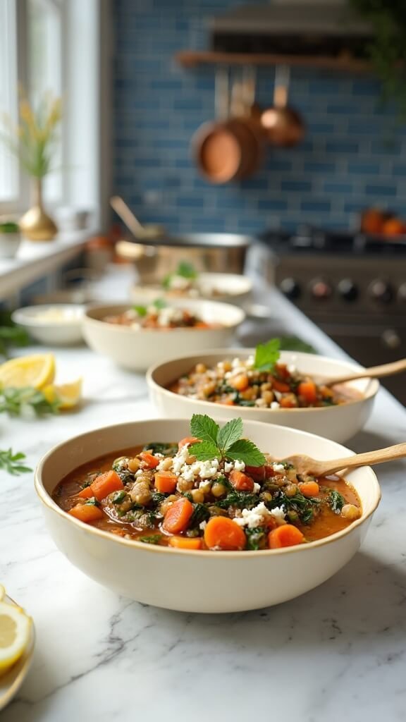 Finished stew ladled into cream-colored bowls, garnished with feta cheese and parsley, with visible chickpeas, lentils, carrots, and spinach in a modern kitchen setting.