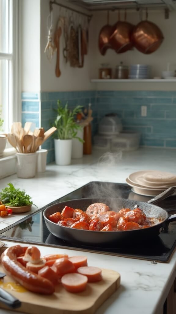 Sliced sausages cooking on stovetop in a modern kitchen with wooden utensils, prep bowls and frozen vegetables in the background