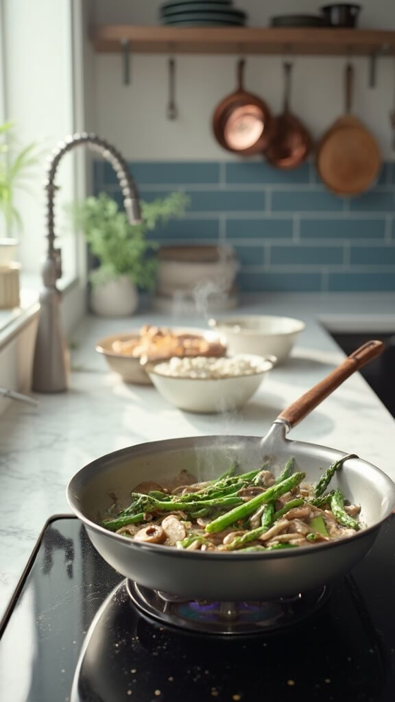 Sautéed mushrooms and asparagus in a skillet on a modern kitchen stovetop with steam rising