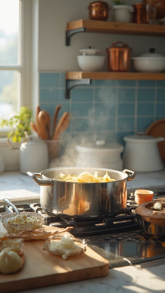 Sautéing diced onions in a stainless steel Dutch oven on a modern kitchen stovetop, with minced garlic and spices ready to be added