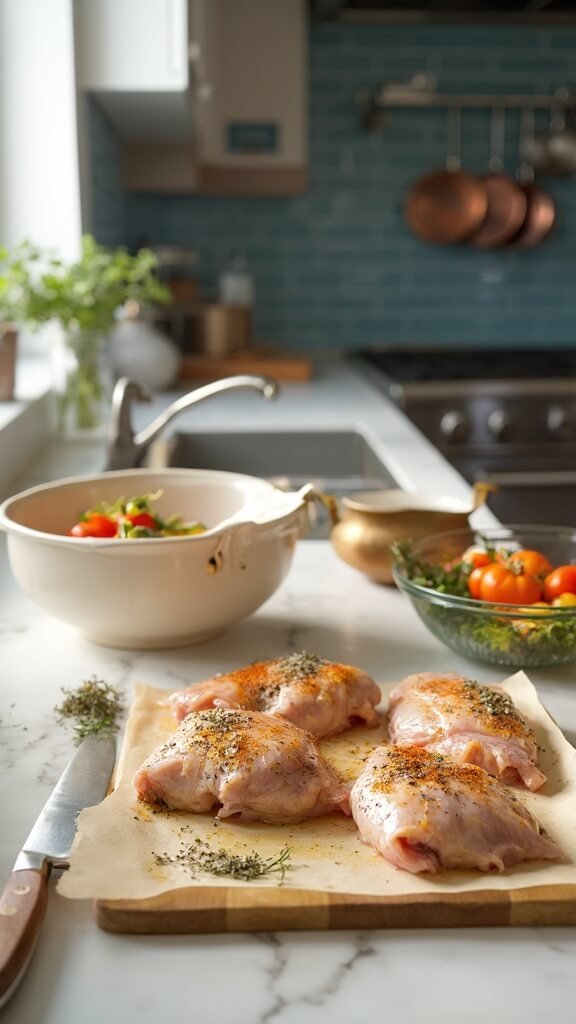 Hands seasoning raw chicken thighs with olive oil, salt, pepper, and herbs in a modern kitchen with blue subway tile backsplash, sunlight streaming in from the side