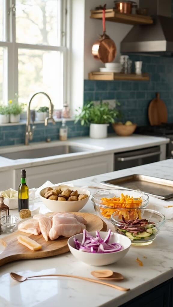 Ingredients for sheet pan dinner including chicken, baby potatoes, and assorted vegetables, on a white marble countertop in a modern kitchen with natural daylight