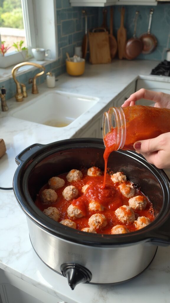 Pouring marinara sauce over raw turkey meatballs in a slow cooker in a modern kitchen with blue subway tile backsplash and wooden utensils