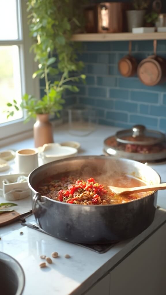 Stew at a rolling boil in a modern kitchen with light streaming through window