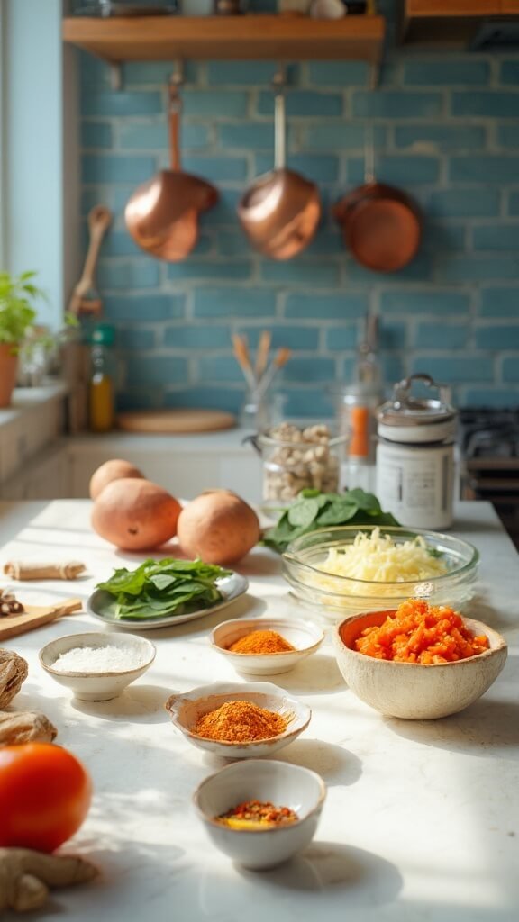 Ingredients for sweet potato curry laid out in modern kitchen with white marble countertops and natural daylight.