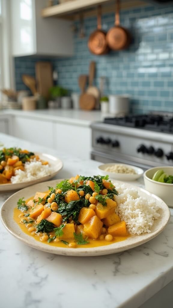 Sweet potato curry in cream-colored ceramic bowls on a modern kitchen countertop