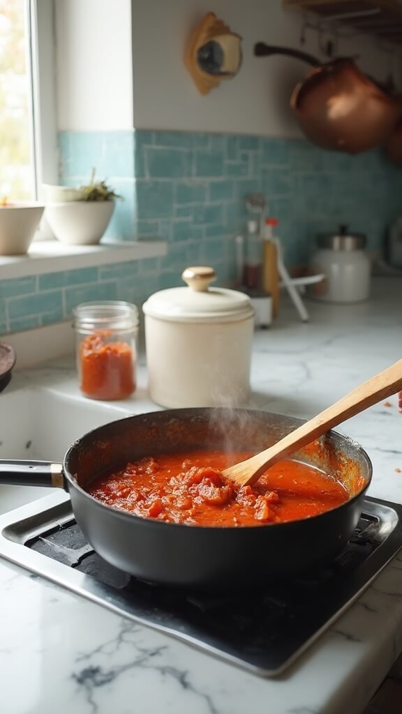Rich tomato-onion curry base in saucepan on a modern kitchen countertop with open spice containers and a measuring cup of water