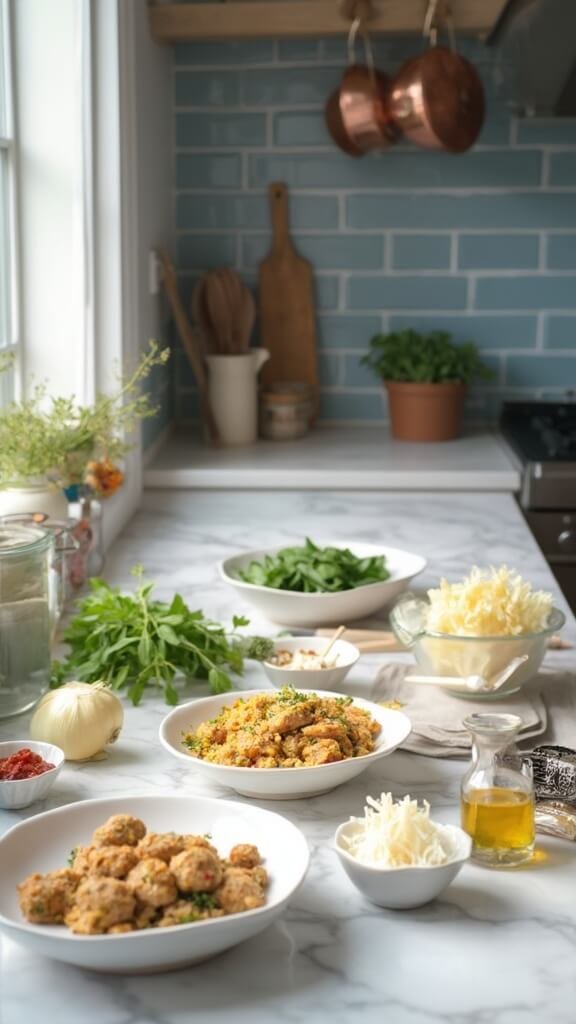 Ingredients for turkey meatball preparation neatly arranged on a modern kitchen countertop with wooden utensils, ceramic bowls, and a slow cooker in the background