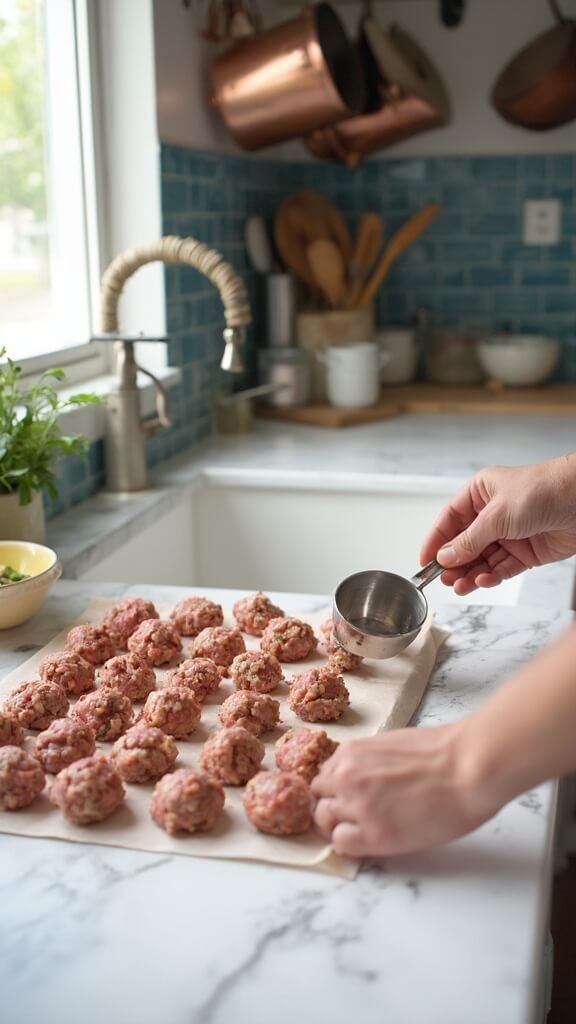 Hands using a cookie scoop to portion raw turkey meatballs on a white marble countertop in a modern kitchen with blue subway tile backsplash
